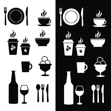 Vector illustration of a set of icons for a cafe or restaurant. Isolated image of kitchen utensils. 