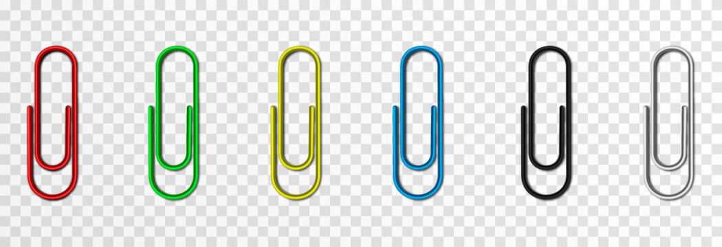 Set of vector paper clips on isolated transparent background. Attached paper clip. Metal paper clip png.