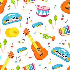 Cheerful seamless pattern with musical instruments. Kawaii vector multicolored toys and music notes in cartoon style isolated on white background