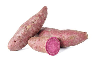Purple sweet potato and half purple sweet potato on white background