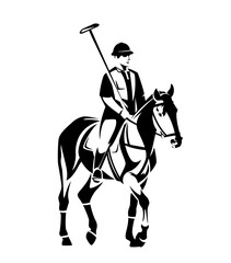jockey holding mallet and riding polo pony horse - horseback sportsman black and white vector design