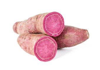 Purple sweet potato and half purple sweet potato on white background