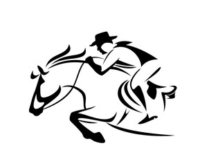 cowboy rider riding horse jumping forward - wild west ranger black and white vector outline design