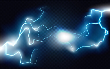 Blitz lightning thunder bolt, two abstract realistic blue lightning in storm night sky vector illustration. Light sparkle thunder shock, power energy spark charge, thunderstorm in dark background