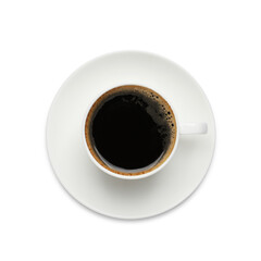 Fototapeta na wymiar Cup of black aromatic coffee on white background, top view