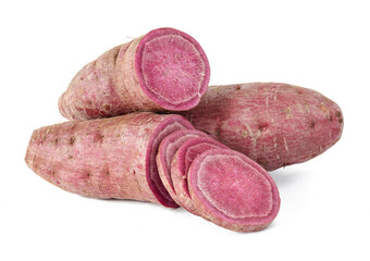 purple sweet potato and purple sweet potato sliced on white background