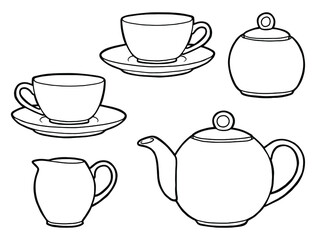 Hand drawing tea set. Teapot, milk jug, sugar bowl and cups and saucers. Black outline. Coloring page. 