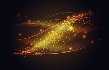 Fototapeta na wymiar Abstract line waves of motion golden light effect vector illustration. Futuristic dynamic energy flare with shining glitter particles, luxury gold wavy flash in shining space in dark background