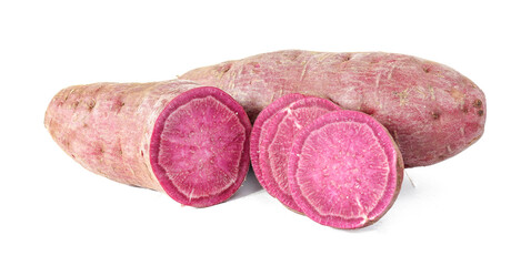 purple sweet potato and purple sweet potato sliced on white background