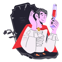 Halloween Dracula personage celebrating holiday in his tomb. cartoon flat vector illustration isolated on white background. Comic design for Halloween cards and banners.