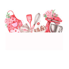 Confectioner border (frame). Baking, pastry shop, cookbook. Red apron. Dough machine. Cherry cake. Sugar bowl, whisk. The frame is isolated. For printing on postcards, stickers, logos.