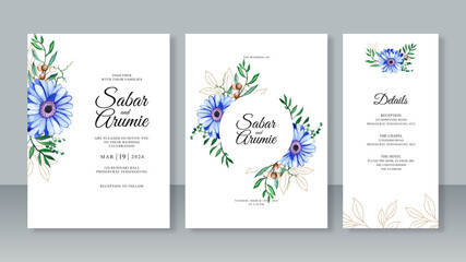 Watercolor painting floral and leaf outline for beautiful wedding invitation template set