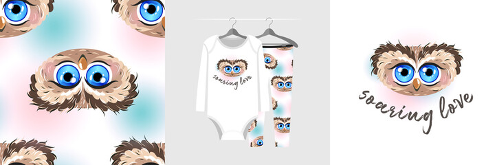 Seamless pattern and illustration set for a kid with owl, text Soaring love