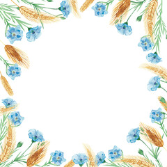 Watercolor hand painted nature floral squared border frame with blue cornflowers and yellow rye ear cereals composition on the white background for invitation and greeting card design