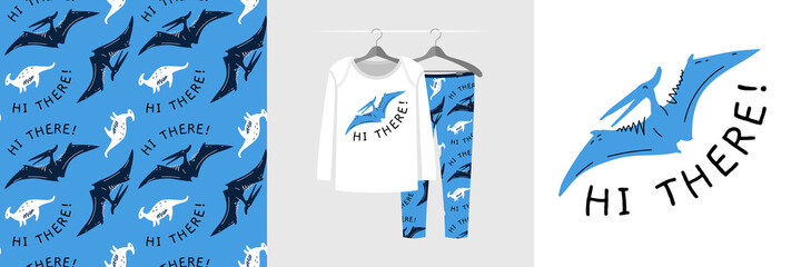 Seamless pattern and illustration set for a kid with dinosaurs, text Hi there © stocklene