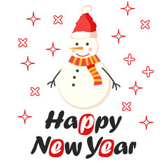 Creative hand drawn card with cute Snowman. Card for winter holidays.