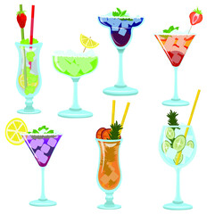 The image of alcoholic cocktails with decoration in the form of tubes, fruits and berries.
