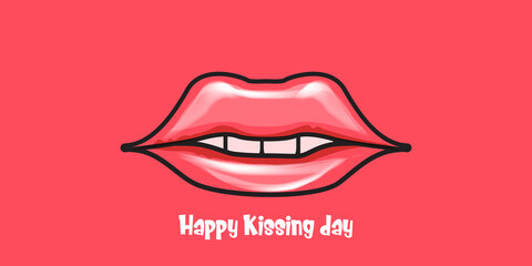 Happy kissing day horizontal banner with cartoon glossy red lips isolated on pink background. Kiss day vector concept illustration with sexy smiling woman mouth icon