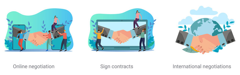 A set of vector illustrations on the topic of business.Online negotiations,contract signing,international negotiations.Abstract illustrations.