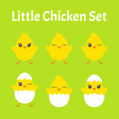 Happy Easter. Set of little cute chickens. Colored flat vector illustration isolated on green background. Cartoon character.