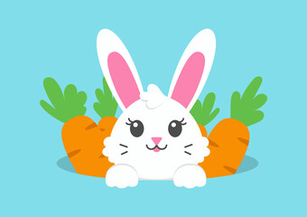 Happy Easter. Cheerful rabbit in a hole with carrots. Colored flat vector illustration isolated on blue background. Cartoon character.
