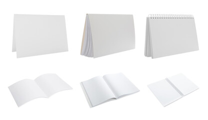 Set with blank paper brochures on white background. Mockup for design