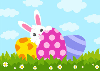 Happy Easter. Cute white bunny. Easter eggs. Beautiful gift card. Colored flat vector illustration isolated on color background. Cartoon character.