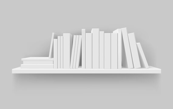 Realistic shelf with blank book vector illustration. Bookshelf mockup with literature isolated