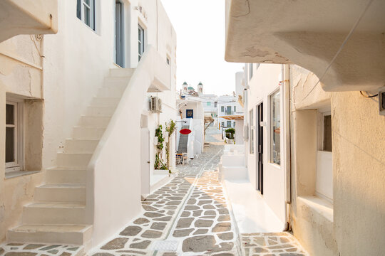 Paros island, Greece. Whitewashed buildings, narrow cobblestone streets