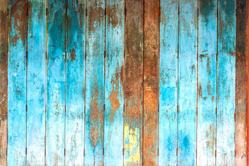 Old grungy blue paint wood planks background texture.
