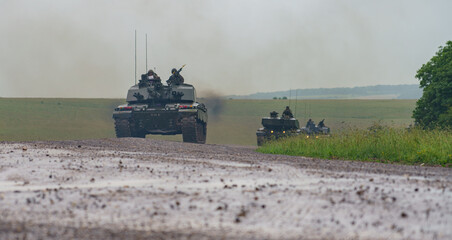 a succession of British army FV4034 Challenger 2 main battle tanks on exercise, Salisbury Plain,...
