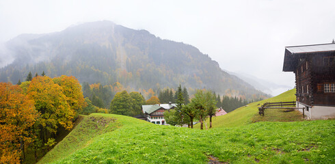 Stillach valley Einodsbach, foggy and rainy day in october