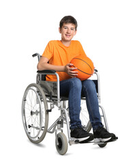 Disabled teenage boy in wheelchair with basketball ball on white background