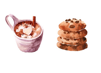Watercolor illustration of a stack of chocolate cookies with a cup of delicious coffee