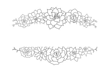 Succulent echeveria vector frame. Hand drawn desert flower illustration in doodle style. Set plants with black outline. Silhouette succulents on a white background. Border succulents for print