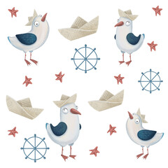 Cute seamless pattern with seagulls  paper ship and starfish nautical style