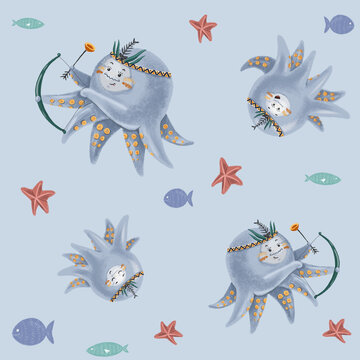 Cute children pattern baby octopus playing with fish and starfish