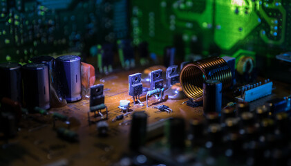 Fototapeta na wymiar Stylized photo of an electronic microcircuit. Microcircuit, contacts, electronics, motherboard. Black background. Macro photography of electronic devices.