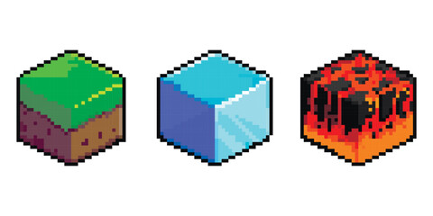 Isometric Soil Layers diagram. Pixel Art Icons. 3D Textures for 8-bit games. Set of vector pixel textures. The concept of games background. Isometric soil layers with top layer of grass, ice, lava