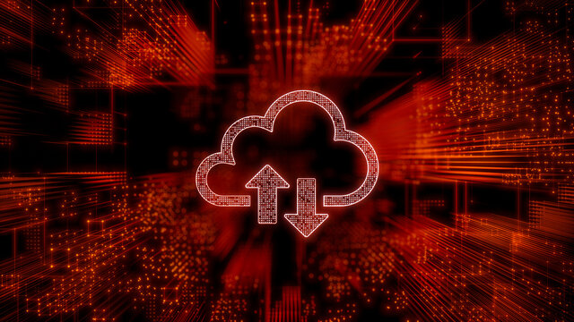 Data storage Technology Concept with cloud symbol against a Futuristic, Orange Digital Grid background. Network Tech Wallpaper. 3D Render 