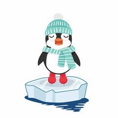 Penguin ice skating on ice floe in winter