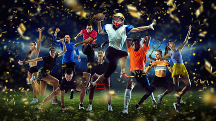Sportsmen in action. Collage. Athletics, fitness, tennis, american, soccer football players over stadium background with festive confetti fireworks.