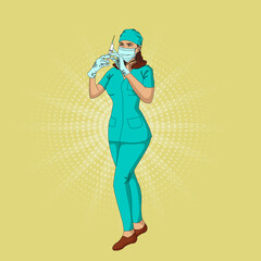 Doctor with a syringe in pop art style. Background in comic style retro pop art. Illustration for print advertising and web.