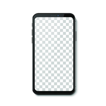 New trendy version of black thin frame notch display smartphone with blank white screen. Realistic phone mockup for any.