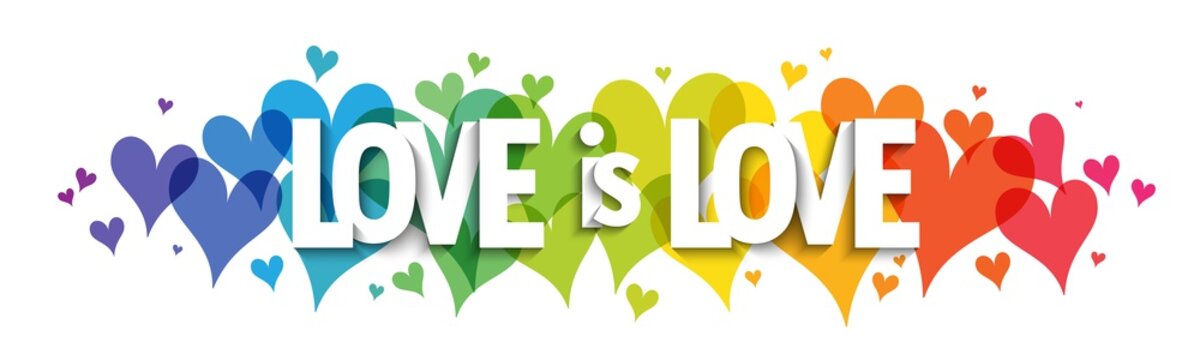LOVE IS LOVE rainbow gradient vector typography banner on white background