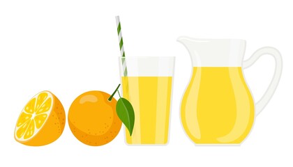 Orange juice. Jug and glass of fresh orange drink. Healthy organic nutrition. Citrus fruits. Flat vector for summer design, lemonade, juice, logo.