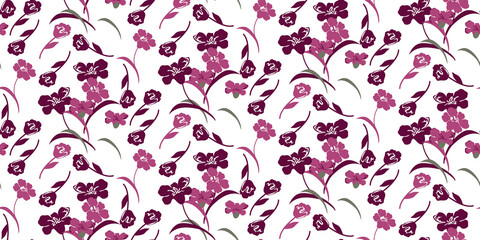 Vector gentle seamless pattern of floral silhouettes pink and purple ornament on white background, carnations and tulips