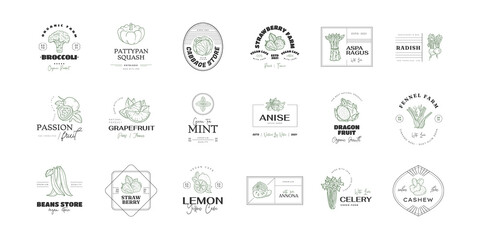 Healthy food logo template. Hand drawn illustrations for for restaurant, bar, vegan, healthy and organic food, market, farmers market, cooking school, food truck, delivery service.