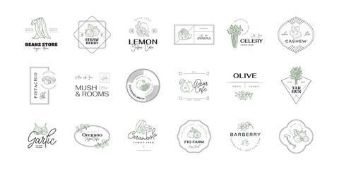 Healthy food logo template. Hand drawn illustrations for for restaurant, bar, vegan, healthy and organic food, market, farmers market, cooking school, food truck, delivery service.