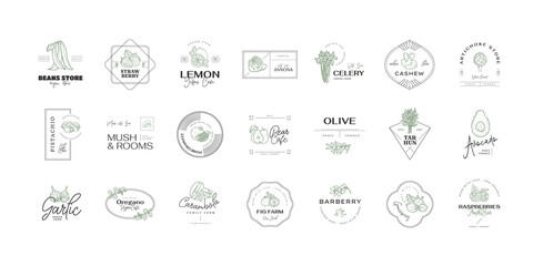 Healthy food logo template. Hand drawn illustrations for for restaurant, bar, vegan, healthy and organic food, market, farmers market, cooking school, food truck, delivery service.